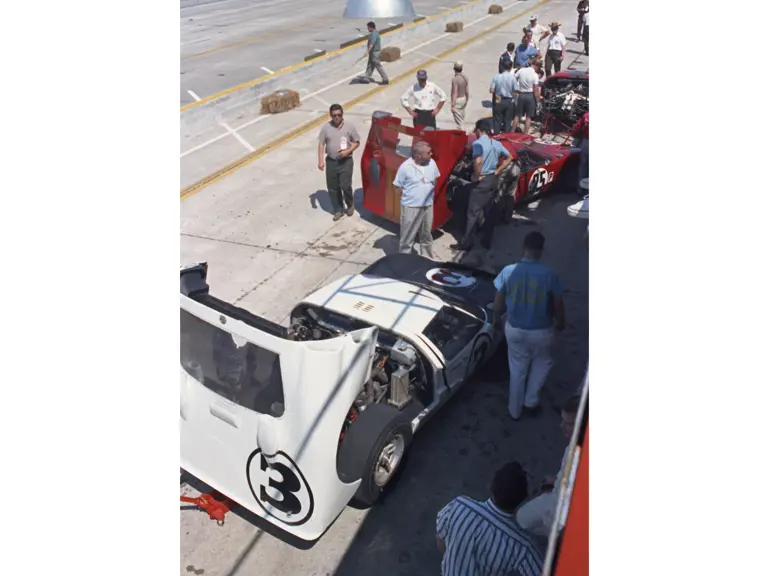 P/1032 (car #3) in the pits at the 1966 12 Hours of Sebring.