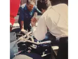 P/1032 at Luigi Chinetti’s Ferrari dealership in Greenwich, Connecticut, following the 1966 24 Hours of Le Mans. Photo taken in the summer of 1966, prior to P/1032’s return to Europe for display at auto shows. Chief NART mechanic Nereo Iori (left) and Luigi “Coco” Chinetti Jr. (right) inspect the Holman-Moody Le Mans entrant’s engine.
