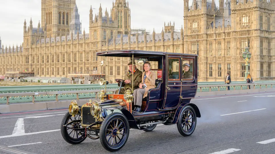 The Talbot crosses Westminster Bridge near the start of the 2021 London to Brighton Veteran Car Run.