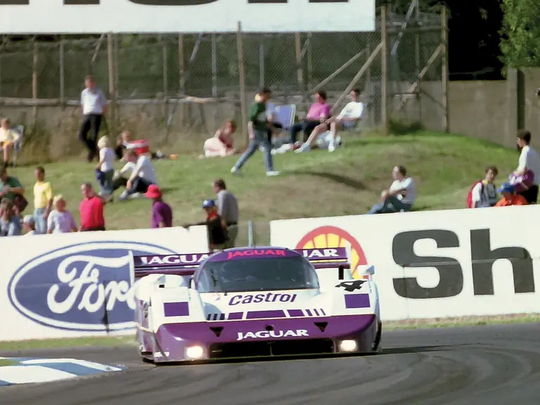 Andy Wallace and Jan Lammers drive No.4 at the 1990 Donington World Sports Prototype Championships.