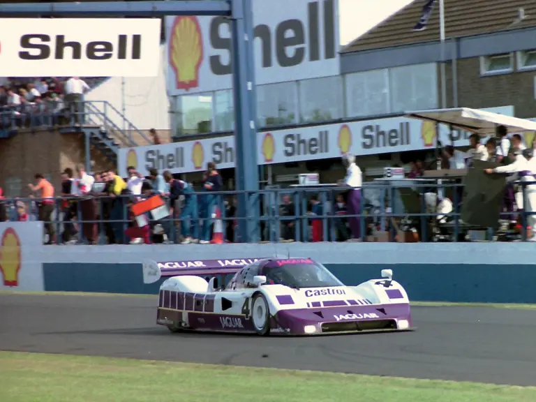 Andy Wallace and Jan Lammers drive No.4 at the 1990 Donington World Sports Prototype Championships.