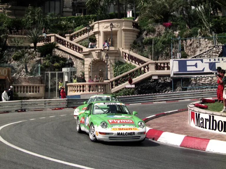 The 911 Cup 3.8 as seen at speed on the Monaco Grand Prix circuit in May of 1994.