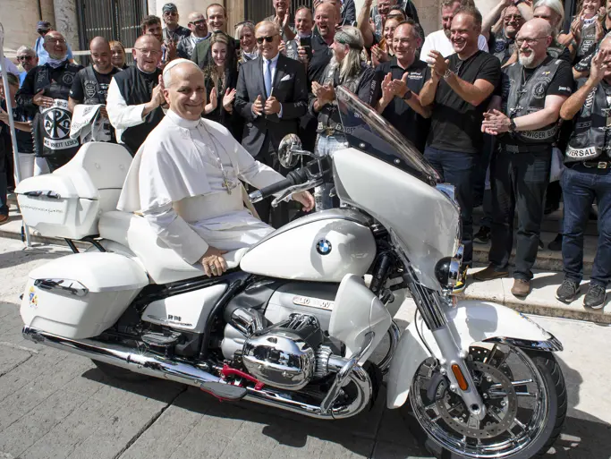 Pope Leo XIV is pictured with the BMW R 18 Transcontinental in St Peter’s Square, Vatican City, in September 2025.