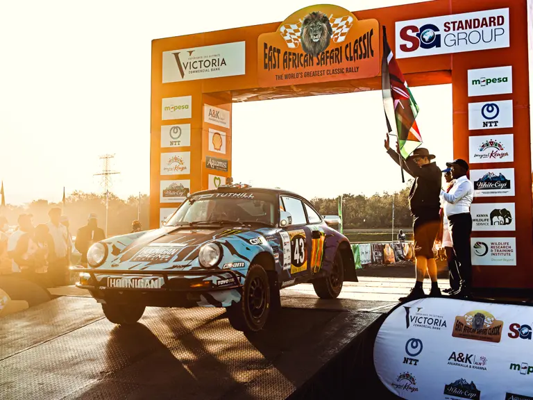 The Tuthill-prepared Porsche 911 SC 'Safari' on the 2022 East African Safari Classic, driven by Ken Block.