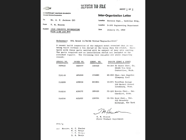 Chevrolet Inter-Organizational letters issued 3 January 1969 and 17 January 1969, subject “1969 Corvette Overheating with L88/M40” lists Maher’s car, #710209 and order AVM236 to West Penn Garage.