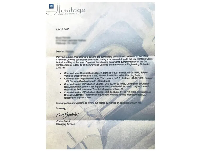 Letter from General Motors Heritage Center issued 15 July 2018, confirming authenticity of the documents sourced there by the consignor.