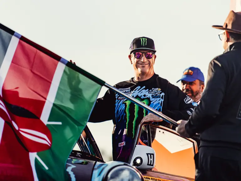 The Tuthill-prepared Porsche 911 SC 'Safari' on the 2022 East African Safari Classic, driven by Ken Block.