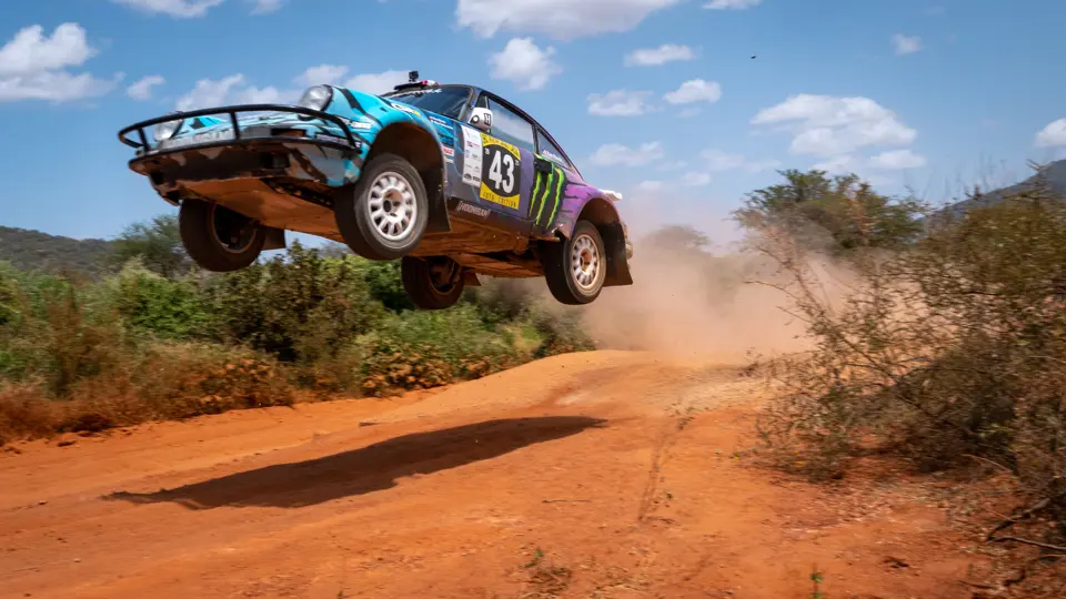 The Tuthill-prepared Porsche 911 SC 'Safari' on the 2022 East African Safari Classic, driven by Ken Block.