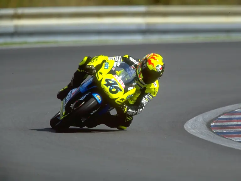 Rossi hurtles through a corner at Brno Circuit during the 1996 Czech Grand Prix which he went on to win with this very motorbike.