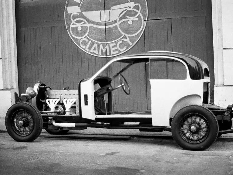 The Bugatti is seen outside the workshop of coachbuilder Jean-Paul Monceau.