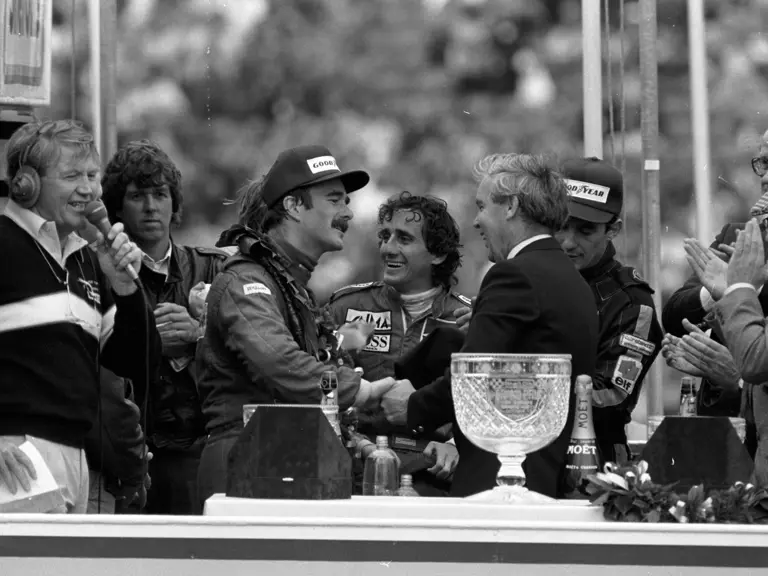 19th - 21st July 1985 European Grand Prix, Brands Hatch England. 
Podium Nigel Mansell Williams FW10 wins the race, Ayrton Senna Lotus Renault 97T is 2nd and Keke Rosberg Williams FW10 3rd Alain Prost Mclaren MP4/2b is 4th and wins the world championship.
© Formula One Pictures / Picture by John Townsend. tele (+36)26 322 826 mobile (+36)70 776 9682 www.f1pictures.com. UK VAT number 221 9053 92
