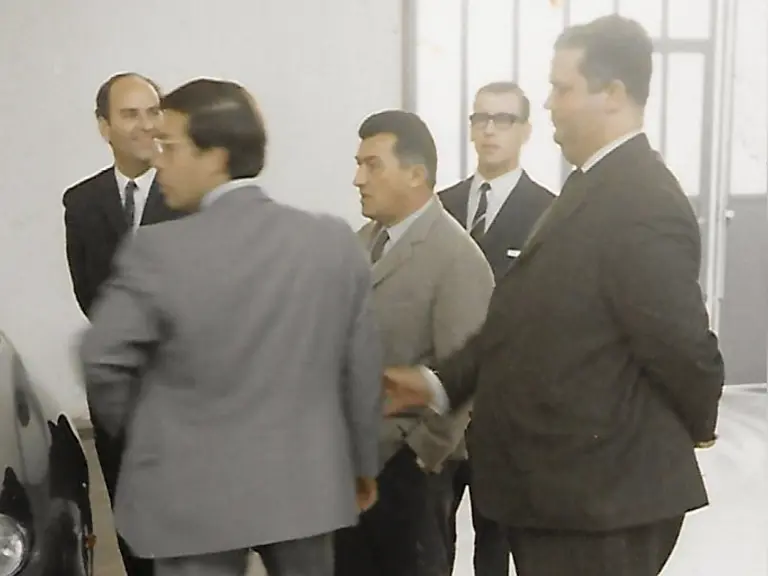 Ferruccio Lamborghini at the Lamborghini factory with the owner of the 400 GT in 1967.
