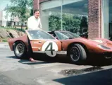 P/1032 at Luigi Chinetti’s Ferrari dealership in Greenwich, Connecticut, following the 1966 24 Hours of Le Mans. Photo taken in the summer of 1966, prior to P/1032’s return to Europe for display at auto shows. Harley E. Cluxton III inspects the 1966 24 Hours of Le Mans Holman-Moody entrant.