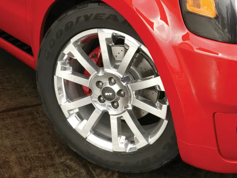 Ford Sport Trac Adrenalin teaser:  Oversized brakes and huge, P295/45R21 tires help provide stopping power and cornering grip to match the Adrenalin's acceleration.