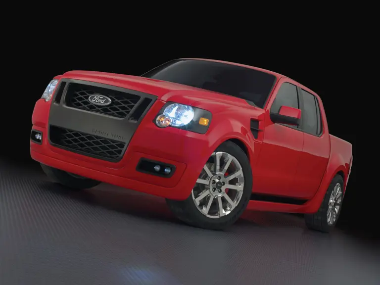Ford Sport Trac Adrenalin teaser: Adrenalin's performance is communicated through its aggressive black chrome grille and SVT Red paint.