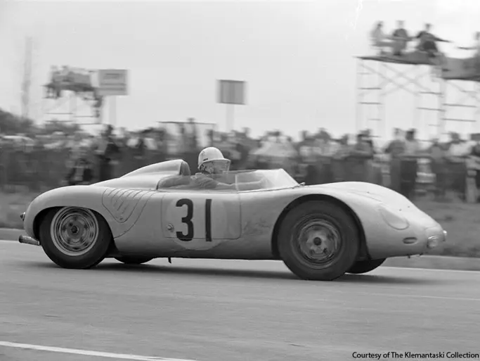 Historical photo of 1959 Porsche 718 RSK Werks Spyder offered at RM Sothebys Monterey live auction 2022