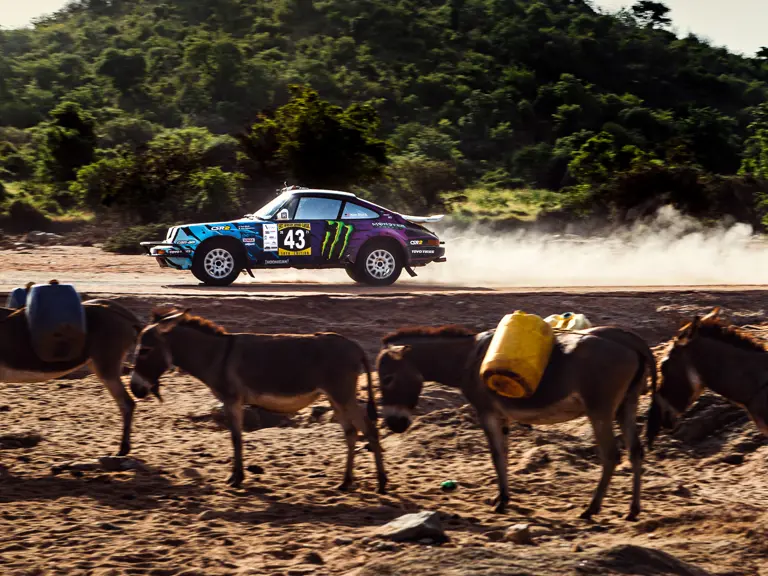 The Tuthill-prepared Porsche 911 SC 'Safari' on the 2022 East African Safari Classic, driven by Ken Block.