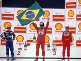 Ayrtona Senna celebrating his win at the 1991 Brazilian Grand Prix.