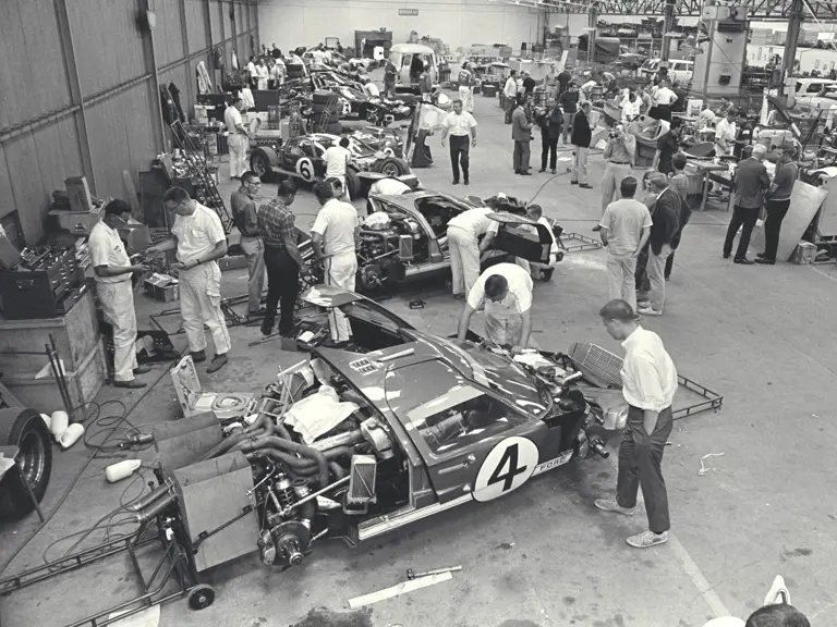 P/1032 (car #4) at the Ford garage in France ahead of the 1966 24 Hours of Le Mans.