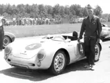 Jack Manting poses next to his Porsche 550 Spyder at an unknown SCCA event.